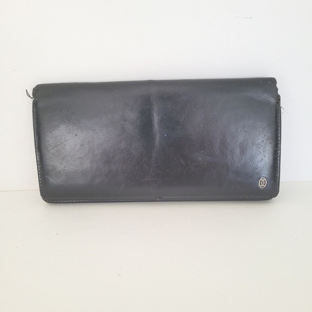 Cartier Paris Vintage Black Leather Long‎ Bifold Wallet Silver Logo Emblem